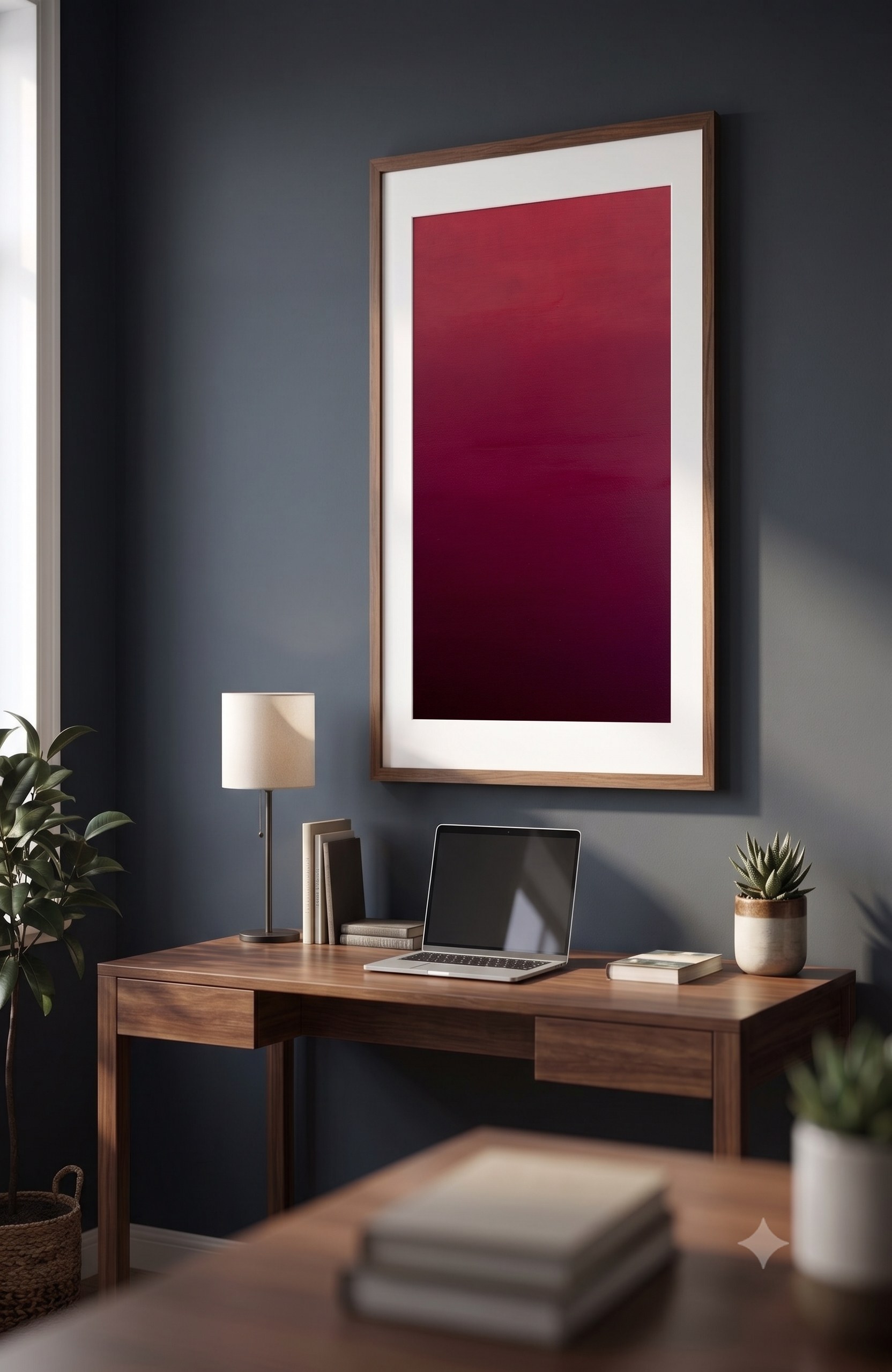 Carmine — framed original acrylic color-field painting by Bill Shepard, crimson descending into deep garnet, hung above a walnut desk